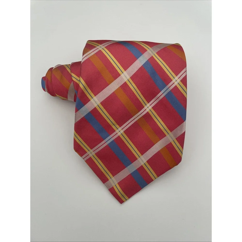 Robert Talbott Mens Red Plaid Silk Necktie Hand Sewn USA Blue Yellow Striped Tie